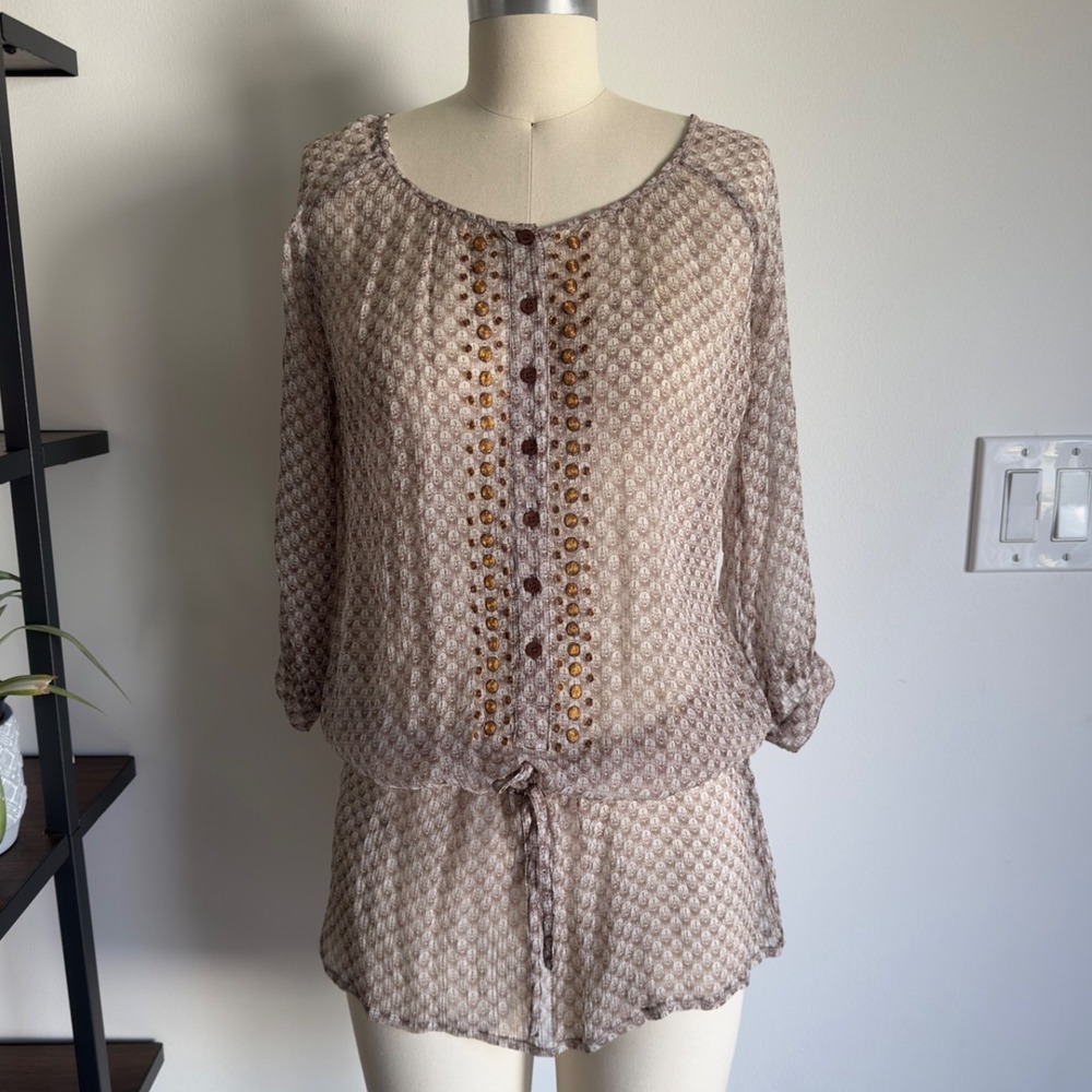 Antik Batik Embroidered Sheer Silk Tunic Top-Size XS EU 36-Brown Skull Print